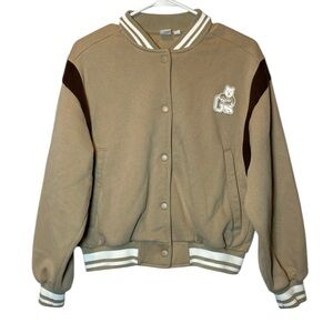 GAP Varsity Jacket Women’s XXS Tan Brown Bear Logo Snap Up Cozy Y2K Sweatshirt